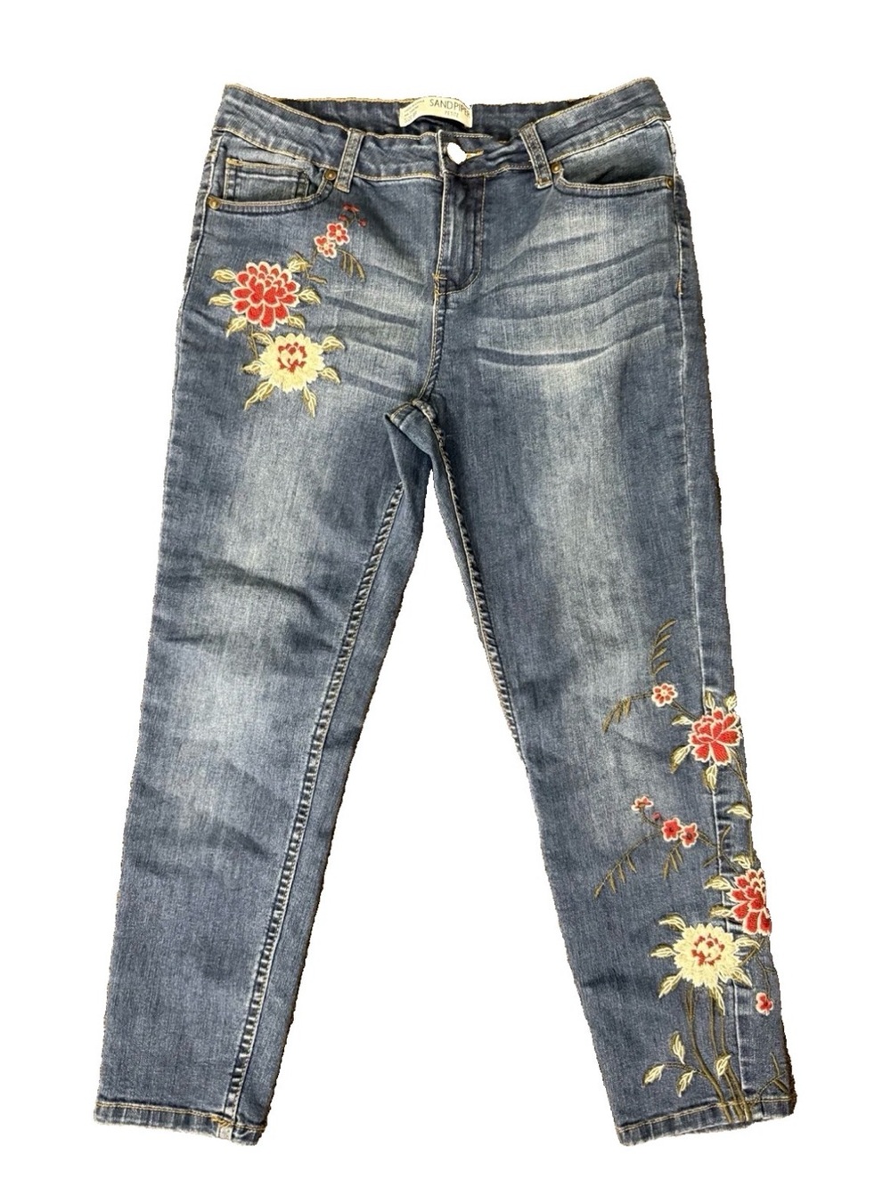 Sandpiper‎ Embroidered Floral Tapered Denim Jeans Size 8 Petite Bohemian BOHO
